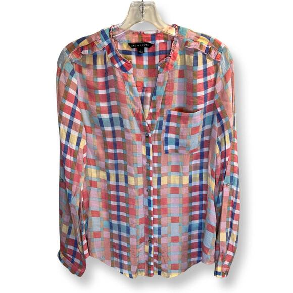 Zac & Rachel Tops - Zac & Rachel, Colorful Plaid, Button up, V-Neck, Ruffles, S